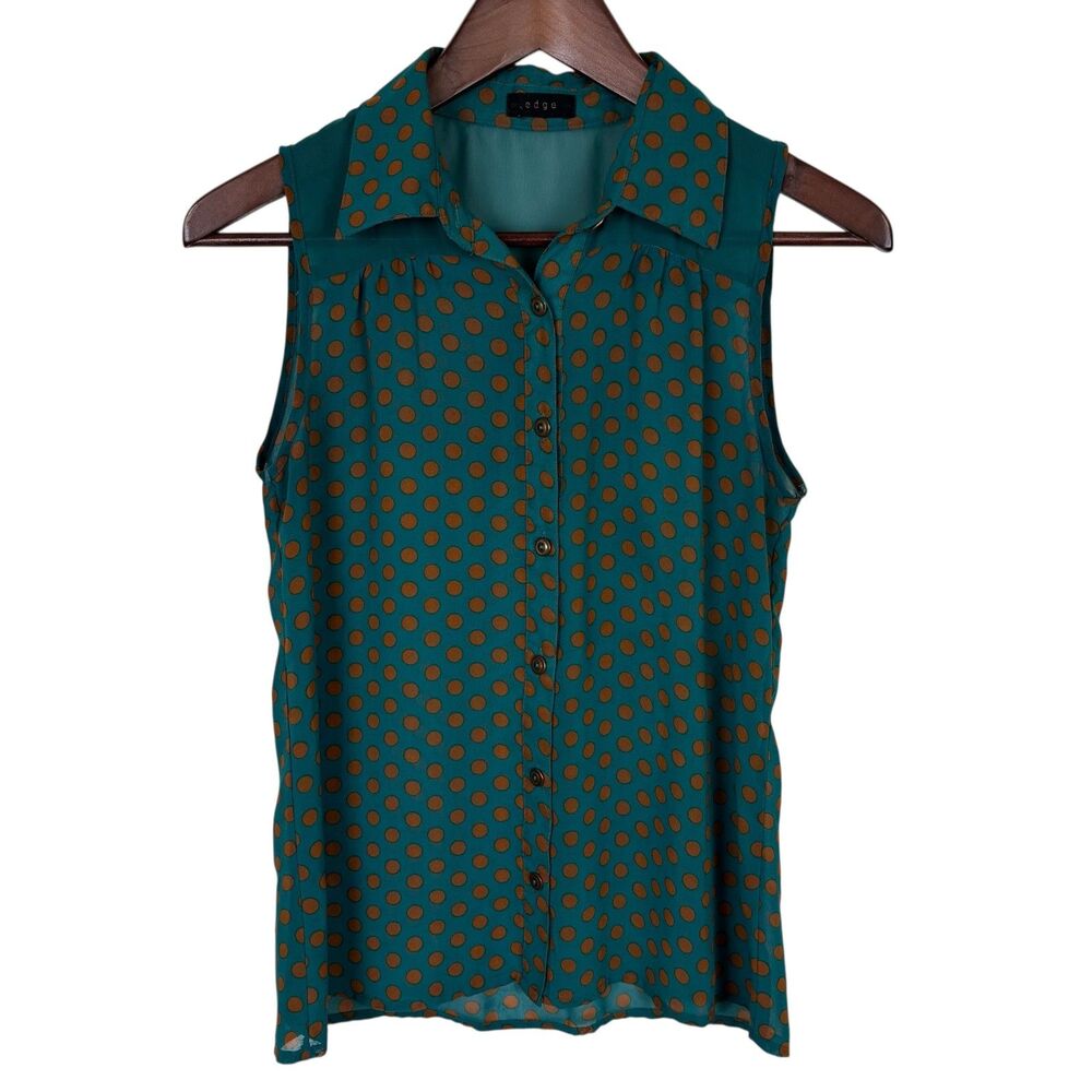 Edge Green Orange Polka Dot Collared Tank Top Women's Small Sheer Career